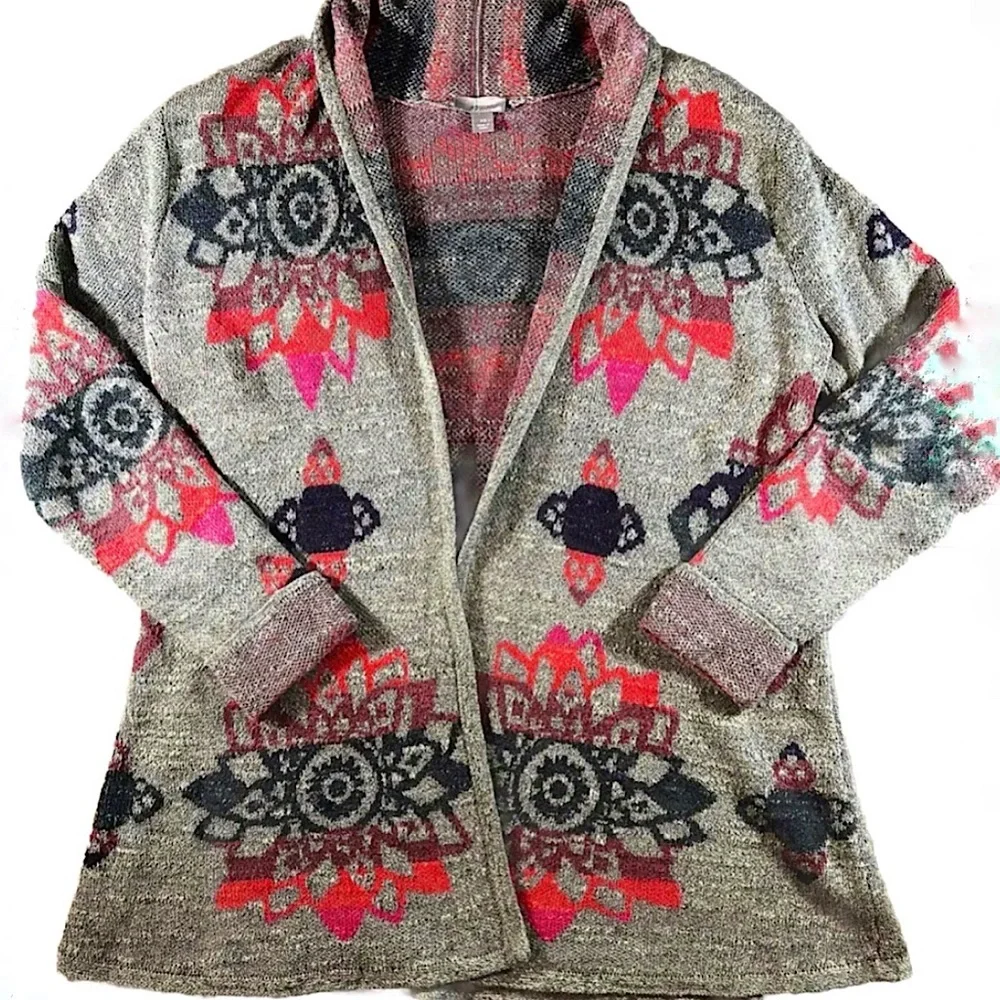 J. JILL Cardigan Womens X-Small Gray Southwestern Print 100% Cotton Open Sweater